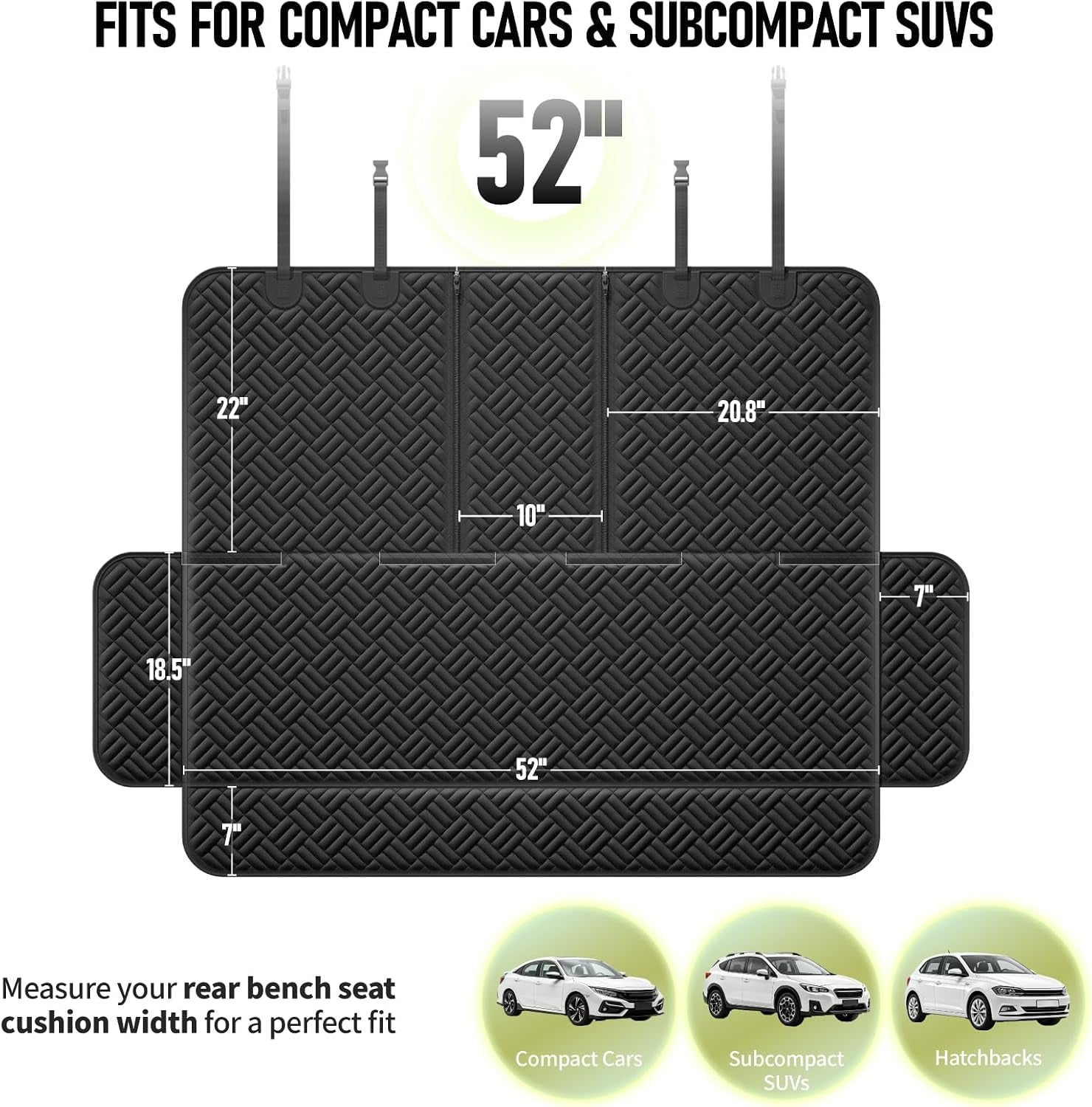 Dog Car Seat Cover for Back Seat, Waterproof 600D Oxford Protector | Non Slip Scratch Resistant Bench Cover, Easy to Clean, Fits Compact Cars/Suvs, 52 Inch, for Travel and Daily Use