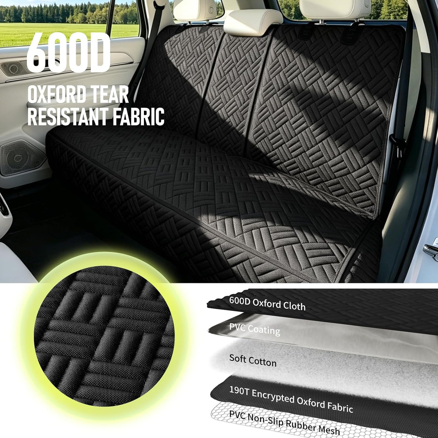 Dog Car Seat Cover for Back Seat, Waterproof 600D Oxford Protector | Non Slip Scratch Resistant Bench Cover, Easy to Clean, Fits Compact Cars/Suvs, 52 Inch, for Travel and Daily Use